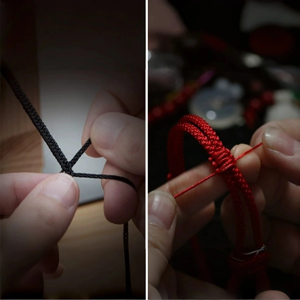 Cotton Handwoven Two-Tone Adjustable Bracelet with Six-Syllable Mantra, Dreamcatcher & Prayer Wheel – WoodMetal Element for Calm, Protection & Purification