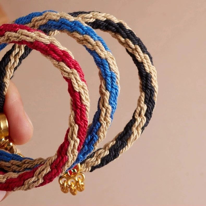 Cotton Handwoven Two-Tone Adjustable Bracelet with Six-Syllable Mantra, Dreamcatcher & Prayer Wheel – WoodMetal Element for Calm, Protection & Purification