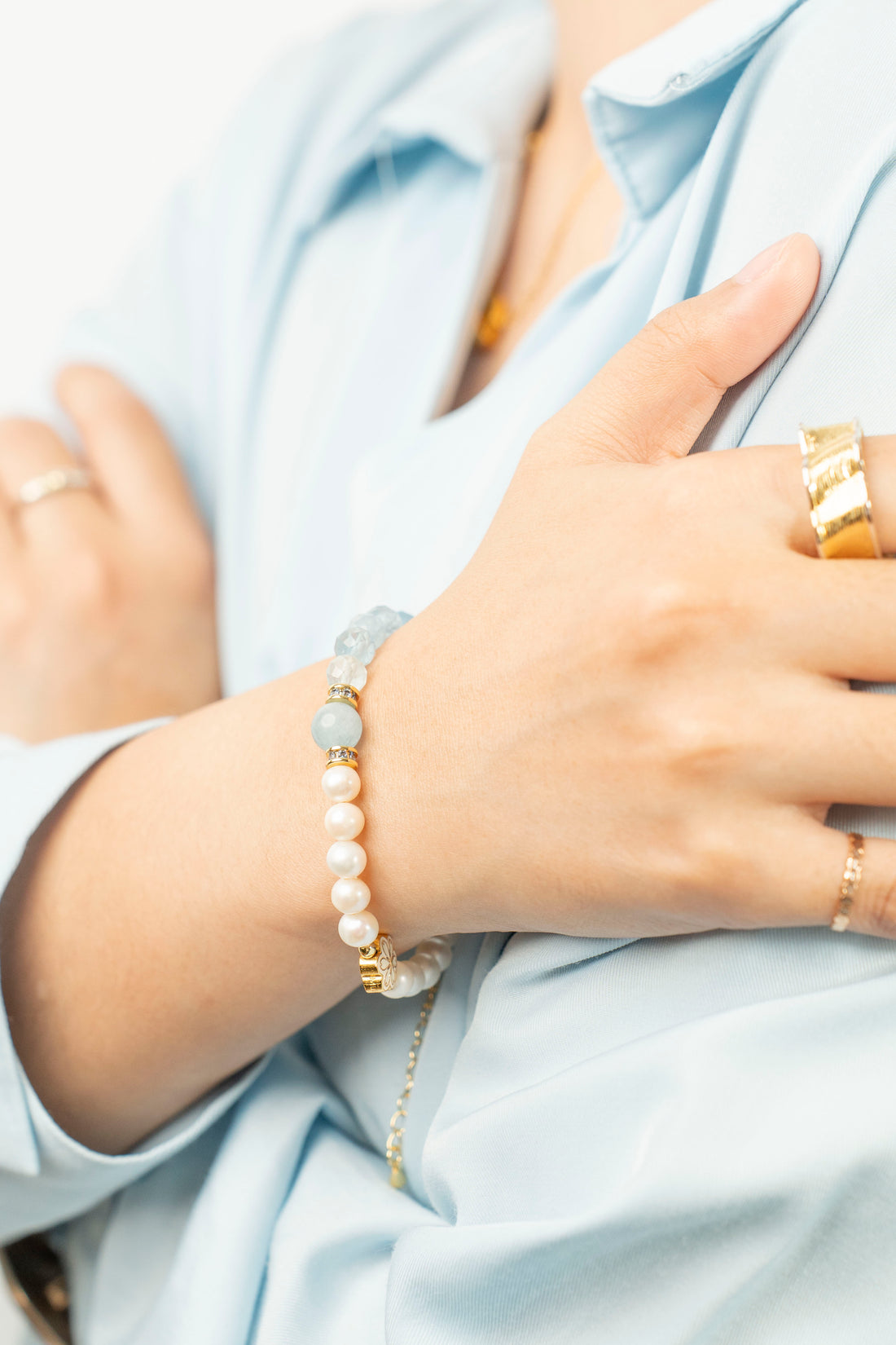 Birthstone Aquamarine Pearl Spliced Bracelet - MAR - Mulstio -2