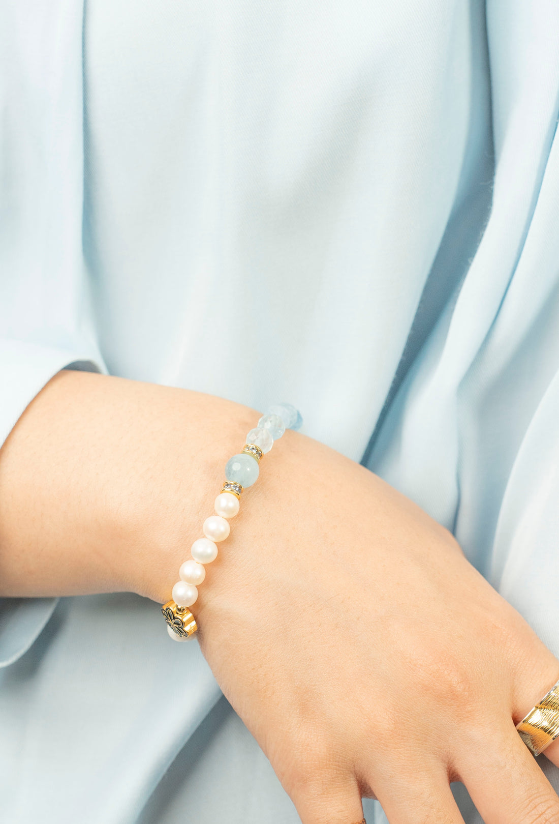 Birthstone Aquamarine Pearl Spliced Bracelet - MAR - Mulstio -6