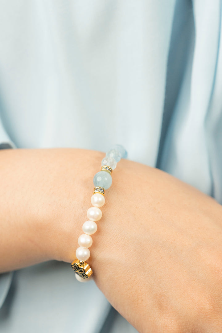 Birthstone Aquamarine Pearl Spliced Bracelet - MAR - Mulstio -4