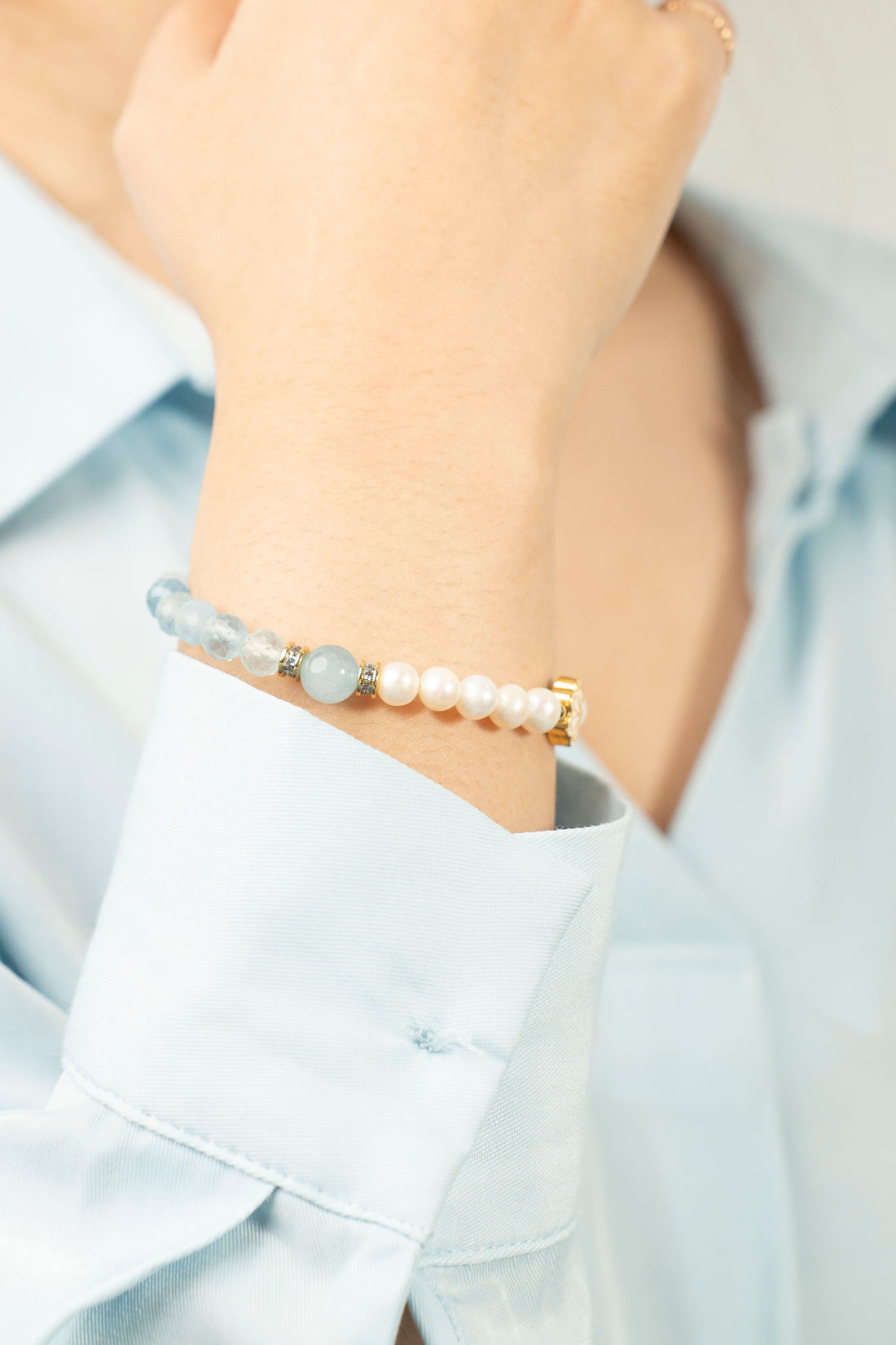 Birthstone Aquamarine Pearl Spliced Bracelet - MAR - Mulstio -7