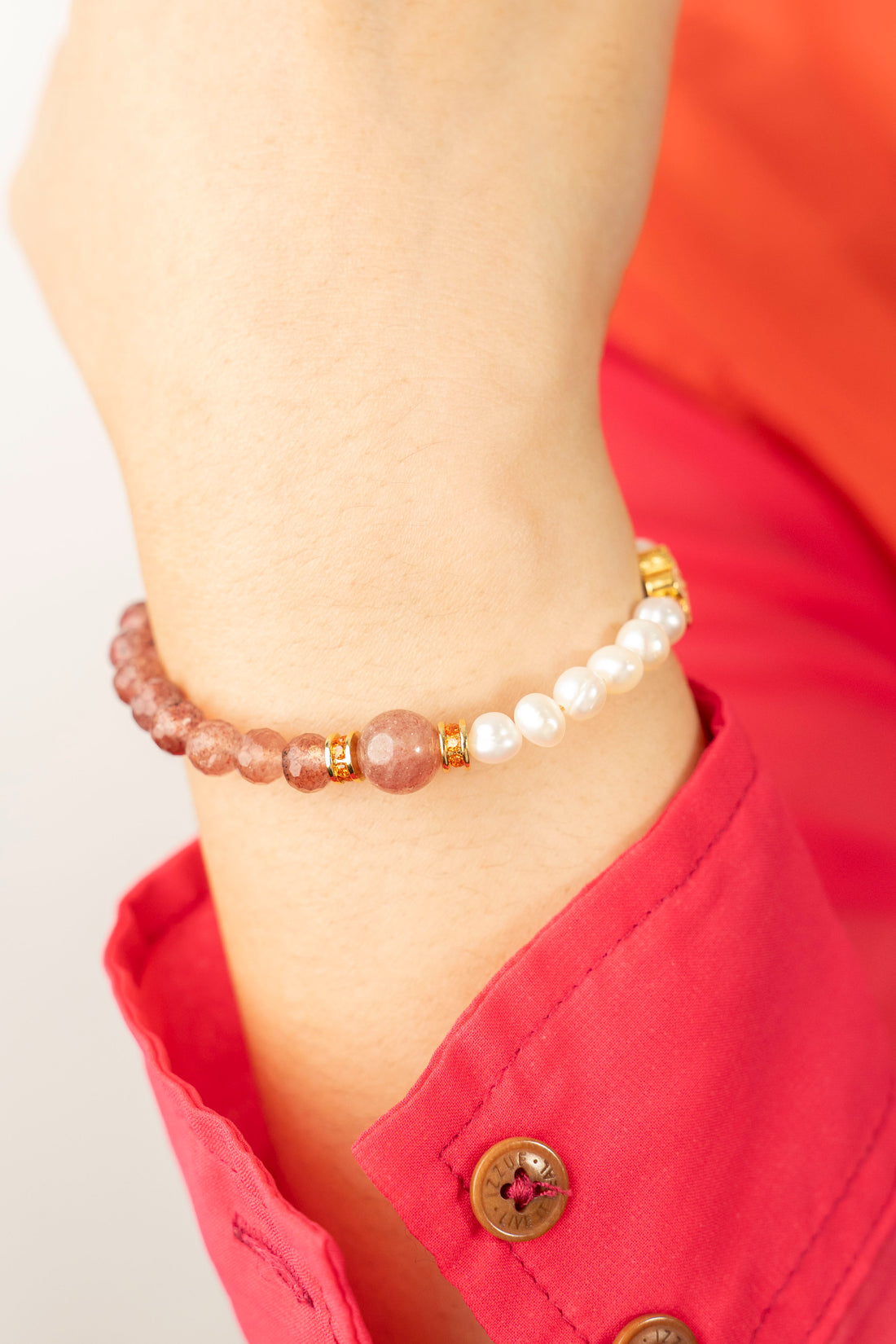 Birthstone Pink Strawberry Quartz Pearl Spliced Bracelet - OCT Mulstio -8