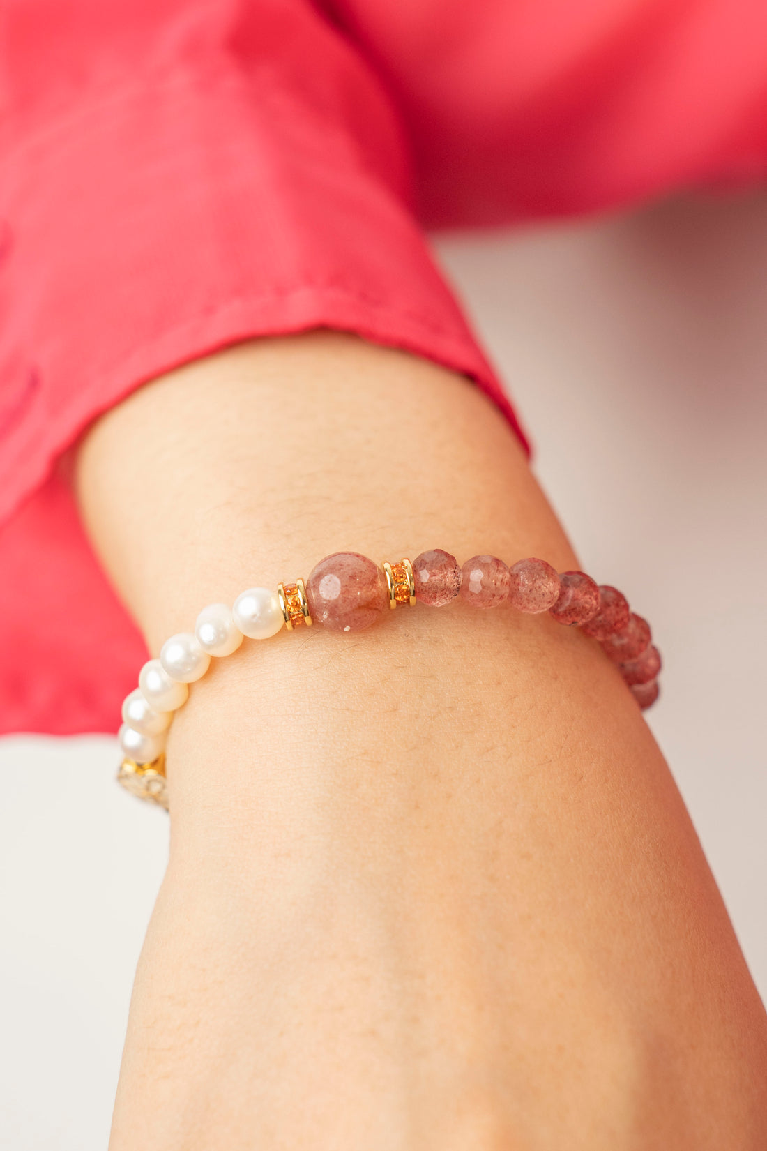 Birthstone Pink Strawberry Quartz Pearl Spliced Bracelet - OCT Mulstio -6