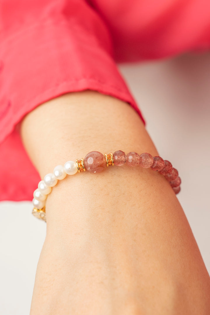 Birthstone Pink Strawberry Quartz Pearl Spliced Bracelet - OCT Mulstio -6
