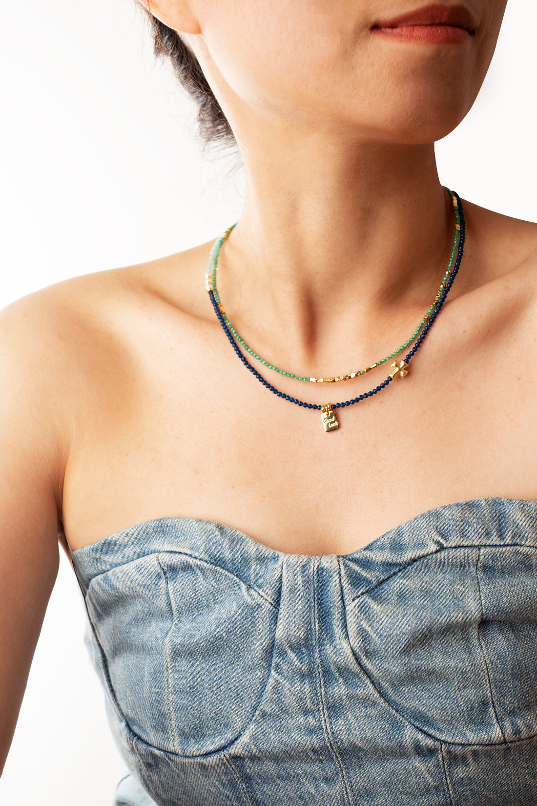 Broken Gold Tiny Green Gemstone Beaded Choker