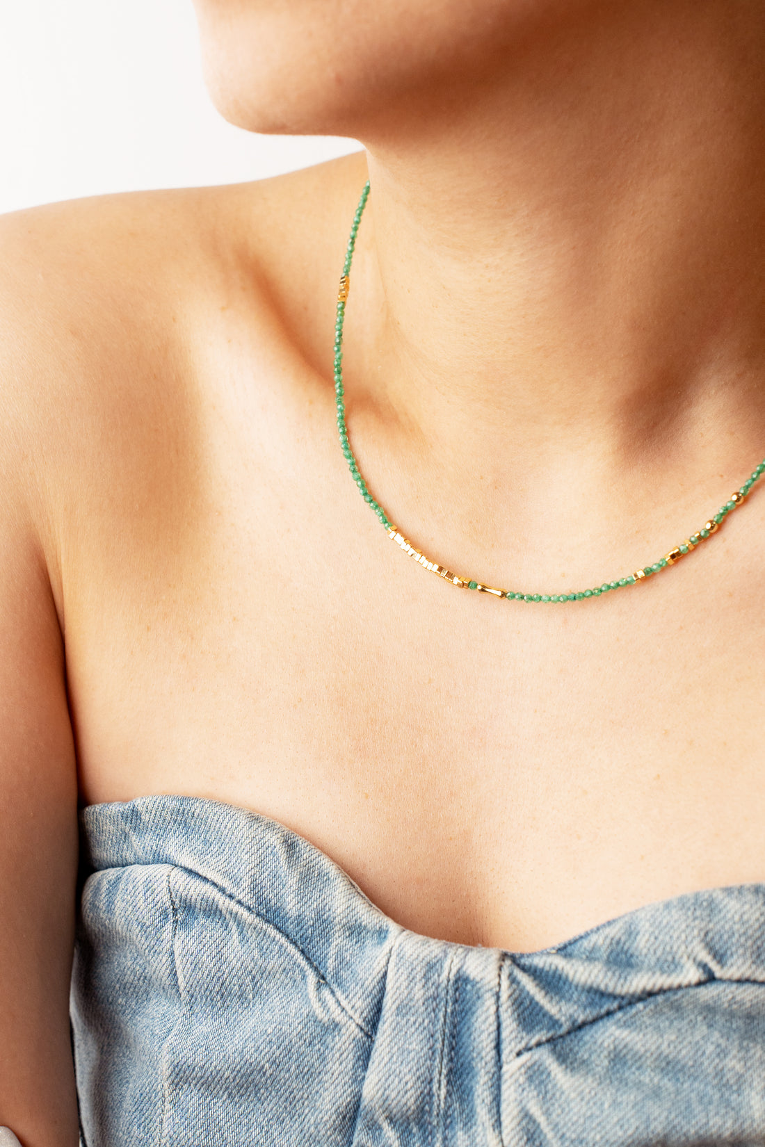 Broken Gold Tiny Green Gemstone Beaded Choker