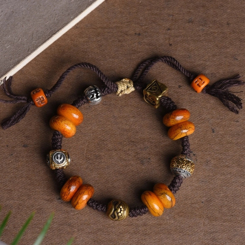 Tibetan Ancient Ox Bone with Silver Accents Adjustable Bracelet - Earth+Metal Element, Protection & Grounding