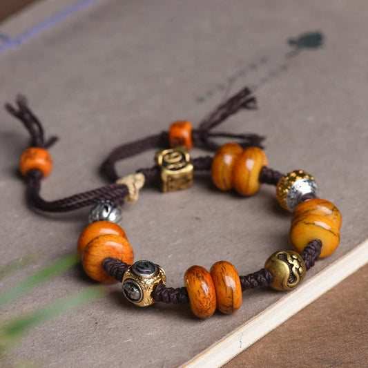 Tibetan Ancient Ox Bone with Silver Accents Adjustable Bracelet - Earth+Metal Element, Protection & Grounding