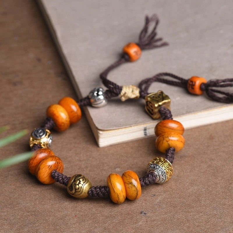 Tibetan Ancient Ox Bone with Silver Accents Adjustable Bracelet - Earth+Metal Element, Protection & Grounding