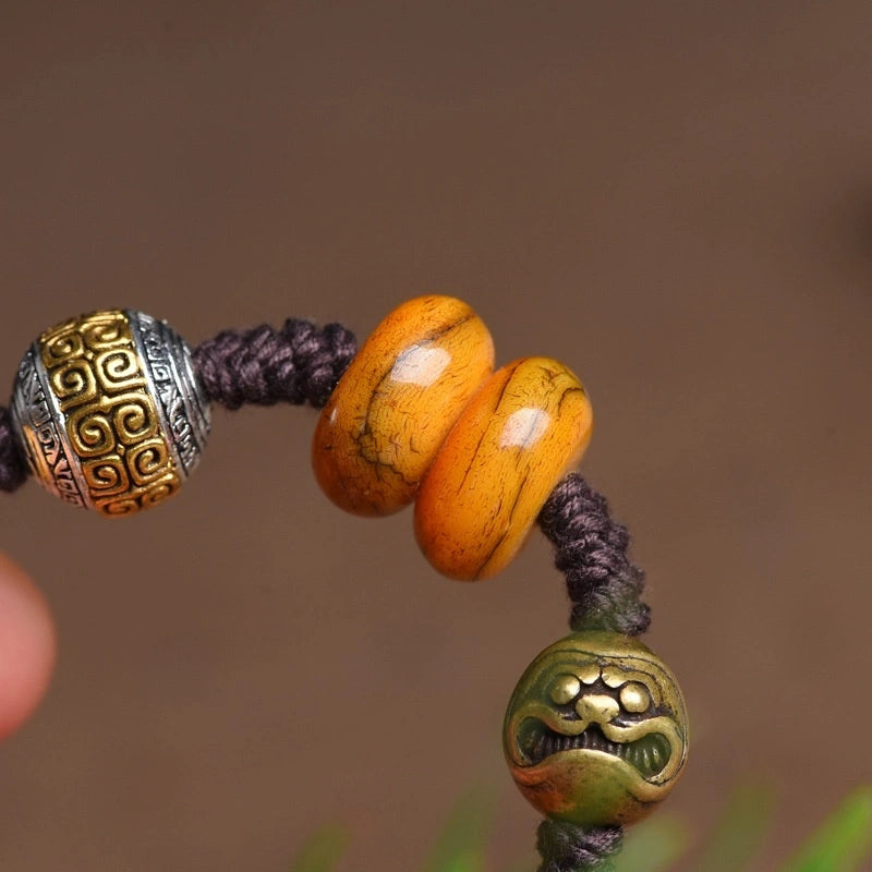 Tibetan Ancient Ox Bone with Silver Accents Adjustable Bracelet - Earth+Metal Element, Protection & Grounding