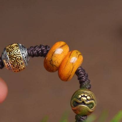 Tibetan Ancient Ox Bone with Silver Accents Adjustable Bracelet - Earth+Metal Element, Protection & Grounding