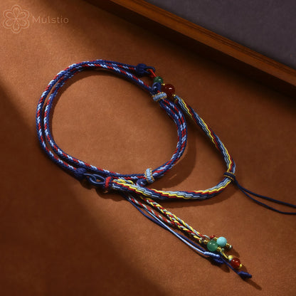 Five-Color Tibetan Handwoven String Necklace with Gemstone Tassel