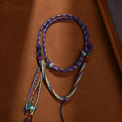 Five-Color Tibetan Handwoven String Necklace with Gemstone Tassel