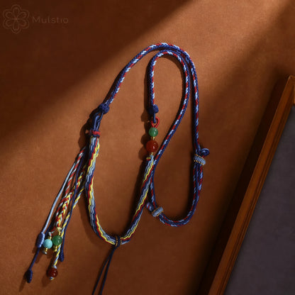 Five-Color Tibetan Handwoven String Necklace with Gemstone Tassel