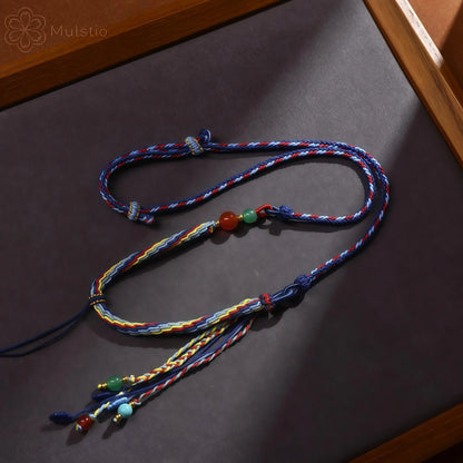 Five-Color Tibetan Handwoven String Necklace with Gemstone Tassel
