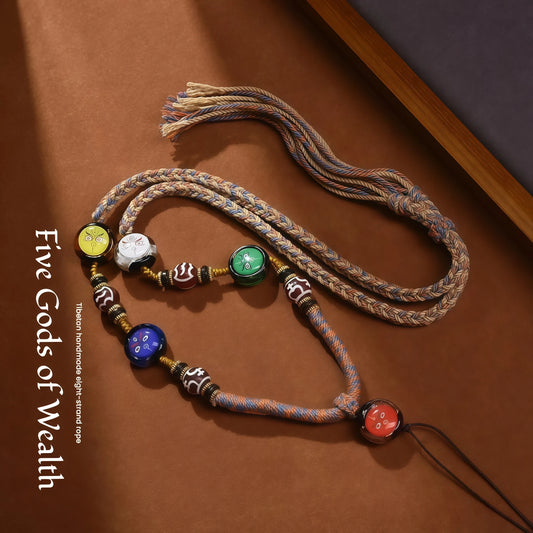Five-Color Jambhala Tibetan Buddhist String Necklace - Wealth Gods Pendant Adjustable Cord