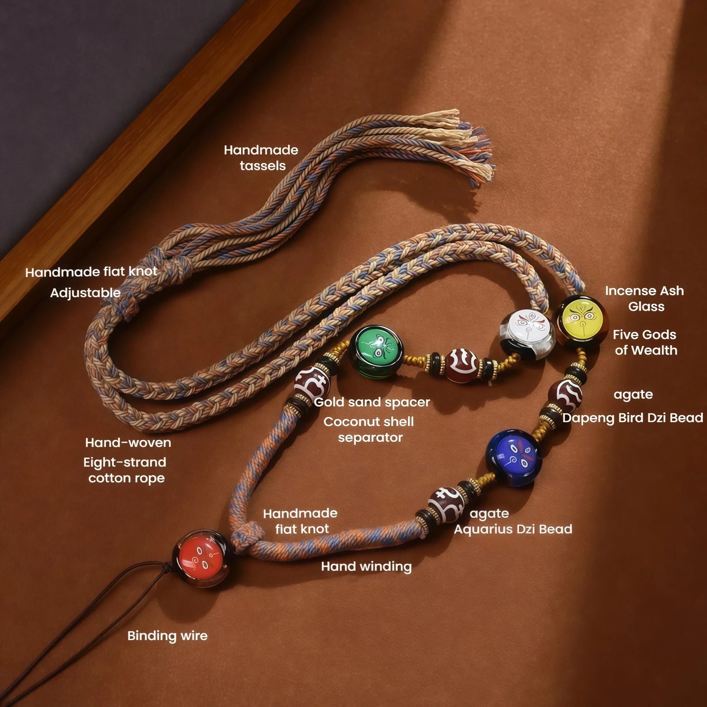 Five-Color Jambhala Tibetan Buddhist String Necklace - Wealth Gods Pendant Adjustable Cord