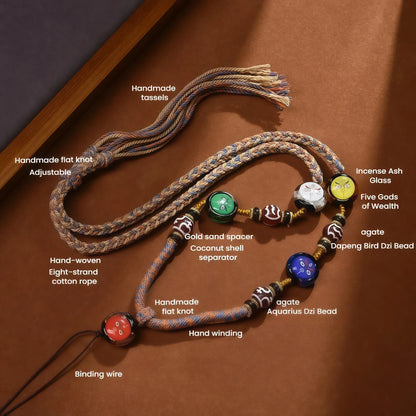 Five-Color Jambhala Tibetan Buddhist String Necklace - Wealth Gods Pendant Adjustable Cord