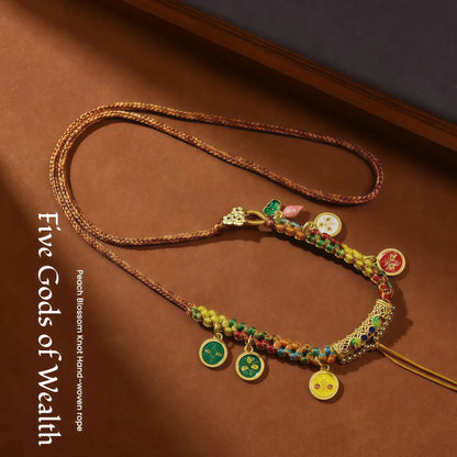 Five Wealth Gods Gold String Necklace - Tibetan Buddhist Prosperity Adjustable Cord