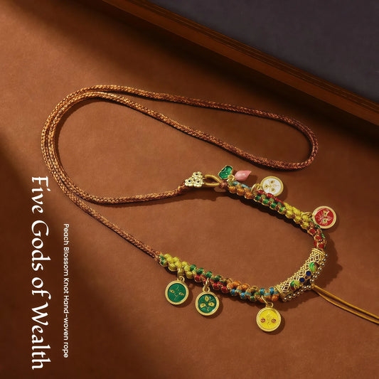Five Wealth Gods Gold String Necklace - Tibetan Buddhist Prosperity Adjustable Cord