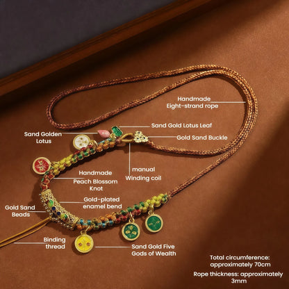 Five Wealth Gods Gold String Necklace - Tibetan Buddhist Prosperity Adjustable Cord