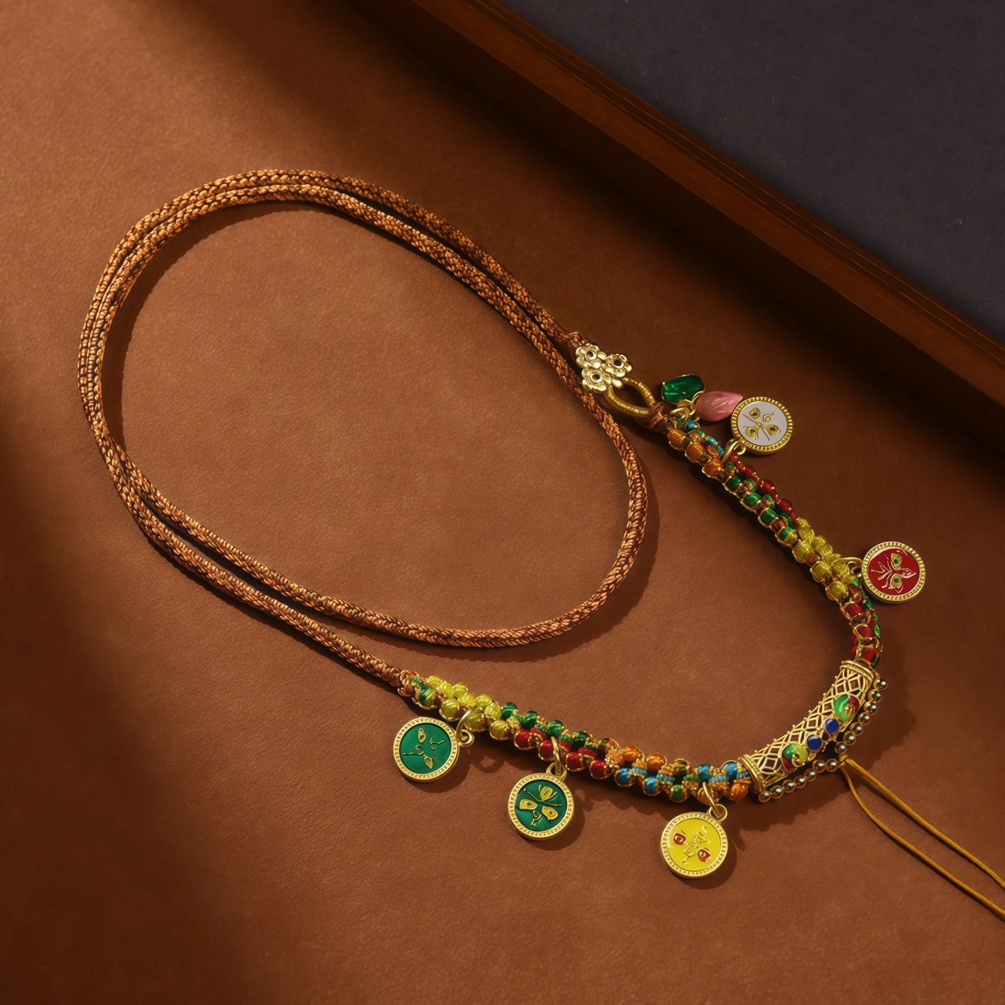 Five Wealth Gods Gold String Necklace - Tibetan Buddhist Prosperity Adjustable Cord