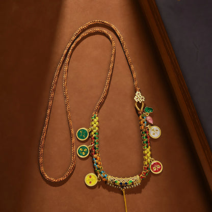 Five Wealth Gods Gold String Necklace - Tibetan Buddhist Prosperity Adjustable Cord