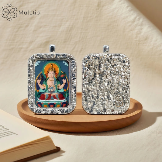 Four-Armed Avalokiteshvara Silver Handmade Thangka Pendant - Compassion Wisdom Talisman