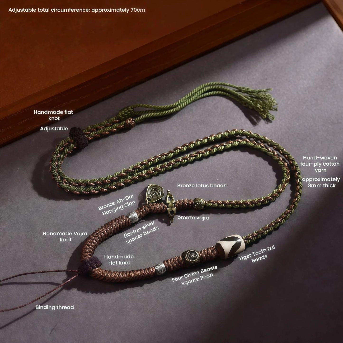 Four Guardians String Necklace with Tibetan Dzi Bead - Protective Adjustable Cord