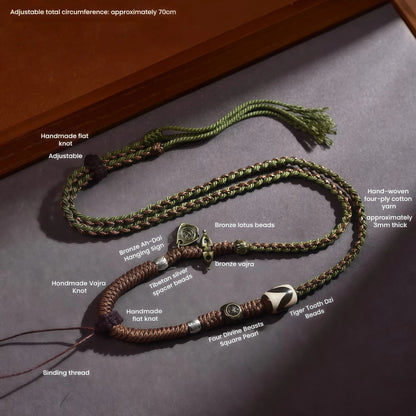 Four Guardians String Necklace with Tibetan Dzi Bead - Protective Adjustable Cord