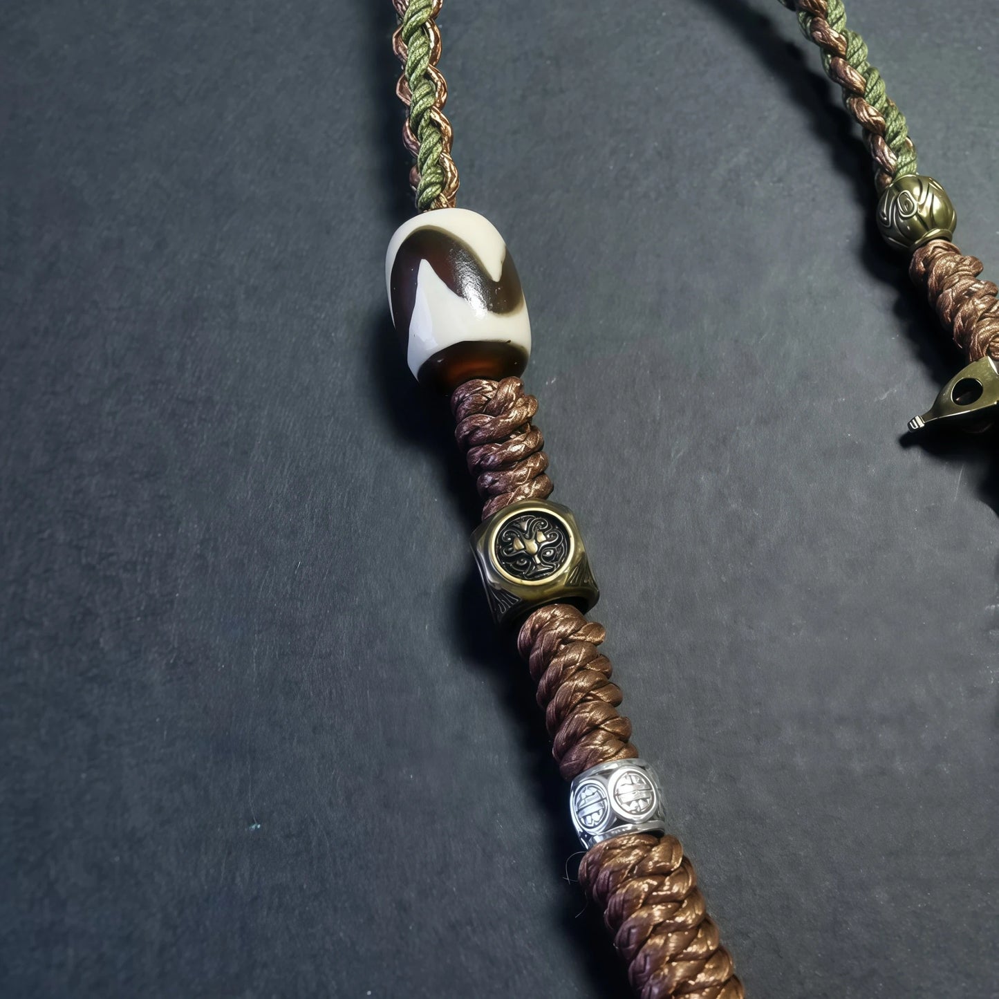 Four Guardians String Necklace with Tibetan Dzi Bead - Protective Adjustable Cord