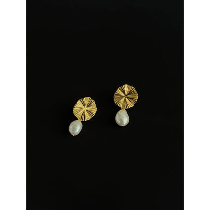French Retro Gold Sunflower Freshwater Pearl Drop Earrings-Peace & Serenity