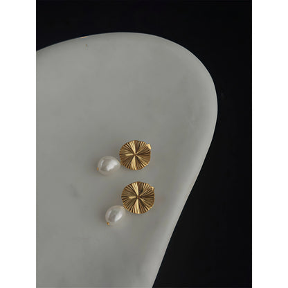 French Retro Gold Sunflower Freshwater Pearl Drop Earrings-Peace & Serenity