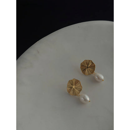 French Retro Gold Sunflower Freshwater Pearl Drop Earrings-Peace & Serenity