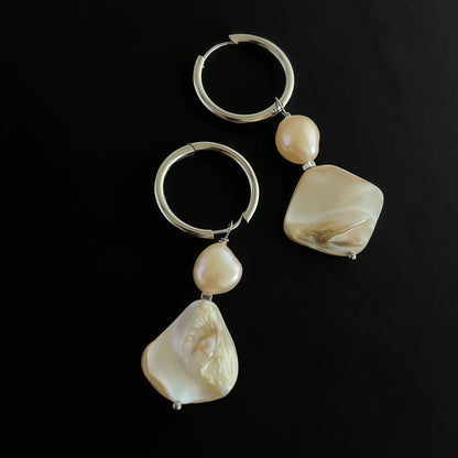 French Retro Irregular Pearl & Mother-of-Pearl Drop Earrings