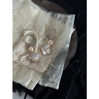 French Retro Irregular Pearl & Mother-of-Pearl Drop Earrings