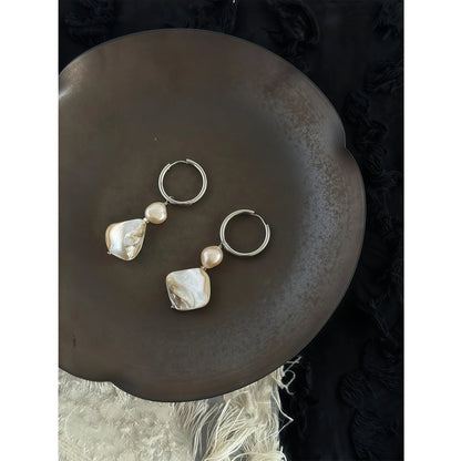 French Retro Irregular Pearl & Mother-of-Pearl Drop Earrings
