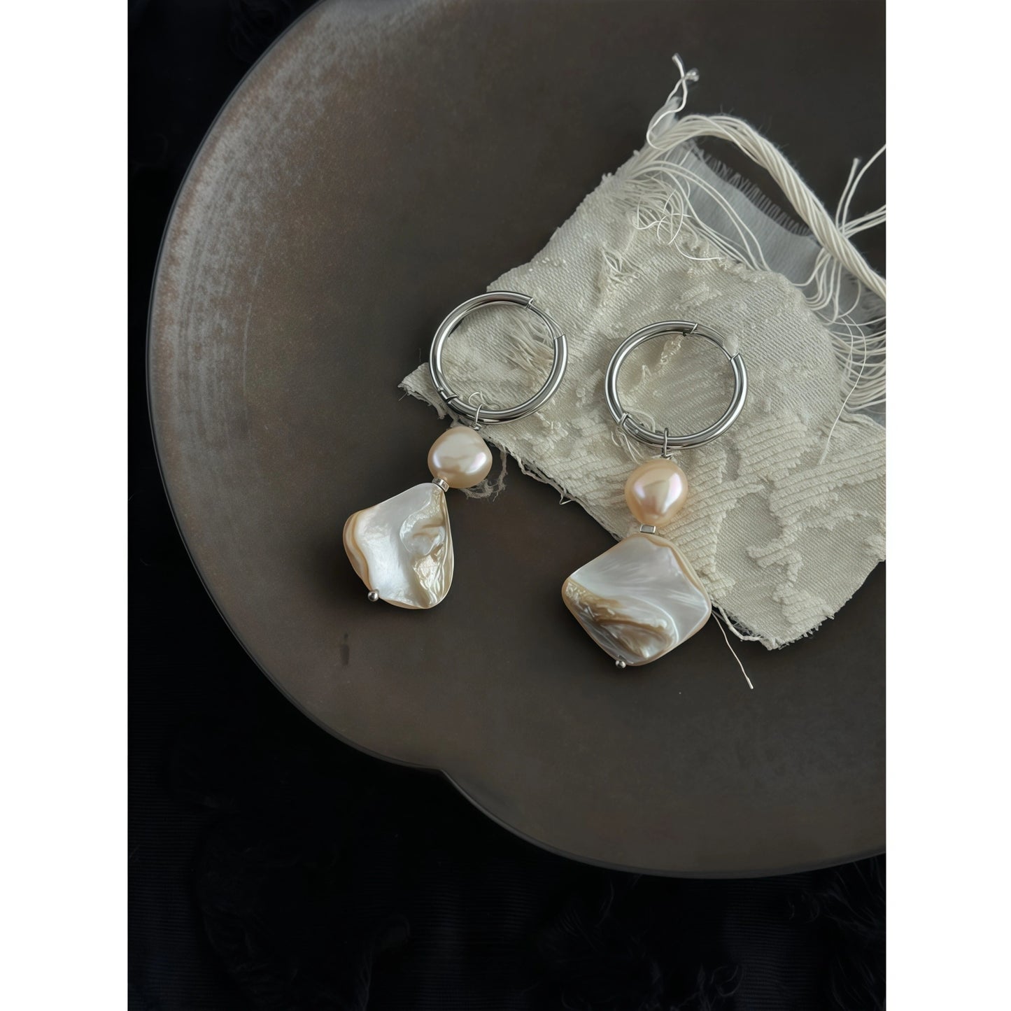 French Retro Irregular Pearl & Mother-of-Pearl Drop Earrings