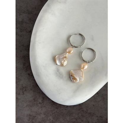 French Retro Irregular Pearl & Mother-of-Pearl Drop Earrings