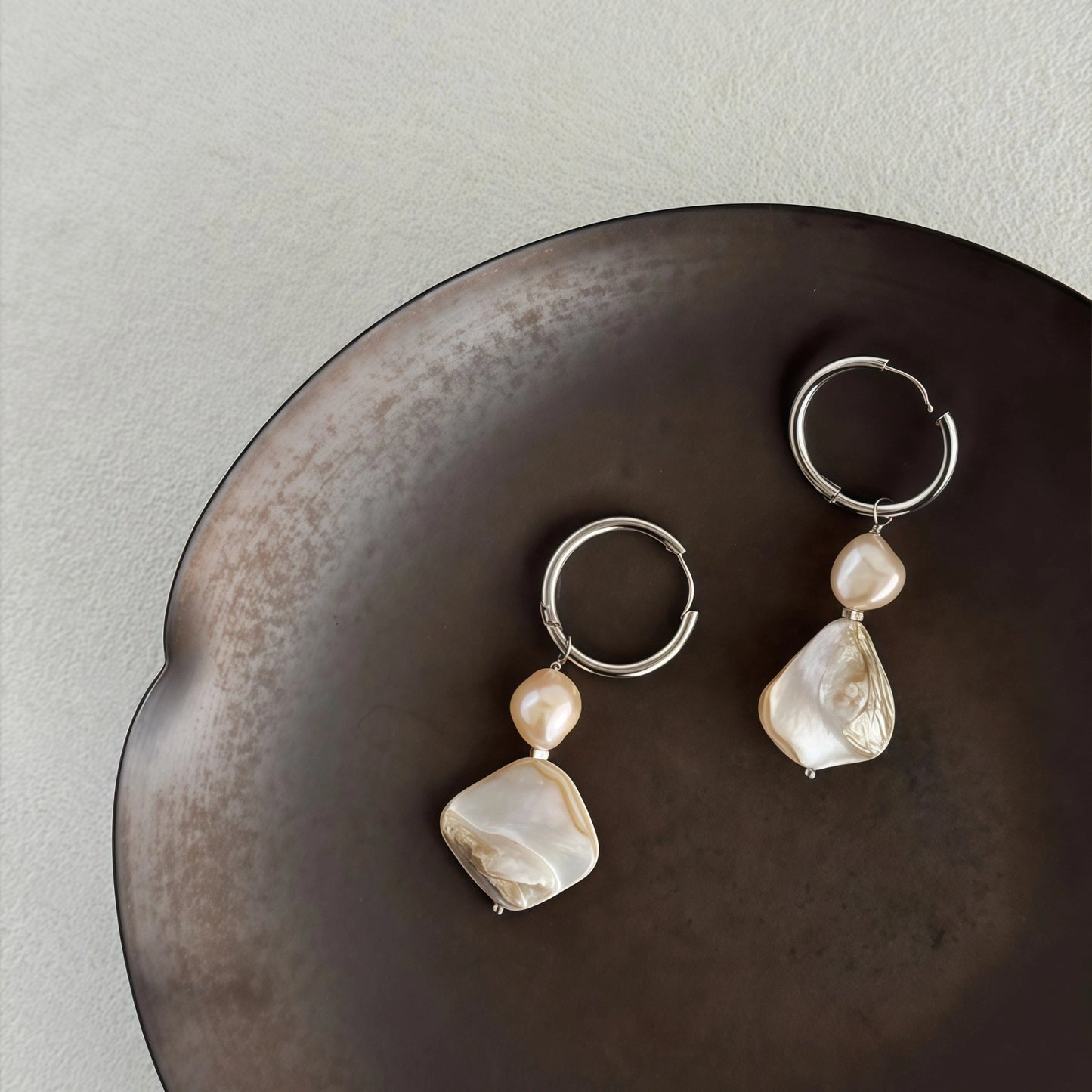 French Retro Irregular Pearl & Mother-of-Pearl Drop Earrings
