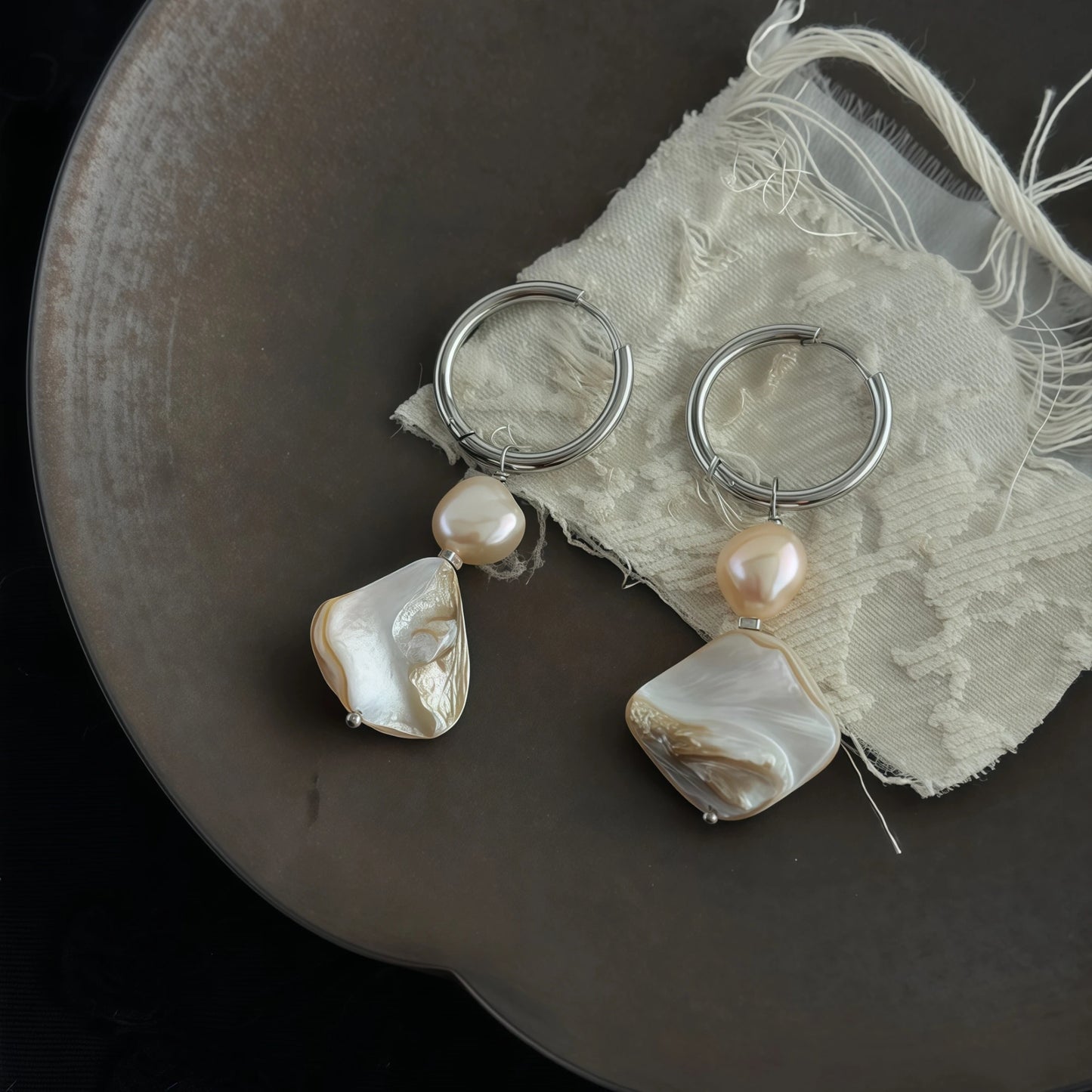 French Retro Irregular Pearl & Mother-of-Pearl Drop Earrings