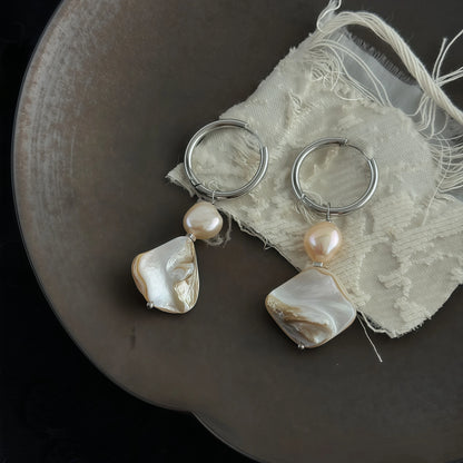 French Retro Irregular Pearl & Mother-of-Pearl Drop Earrings