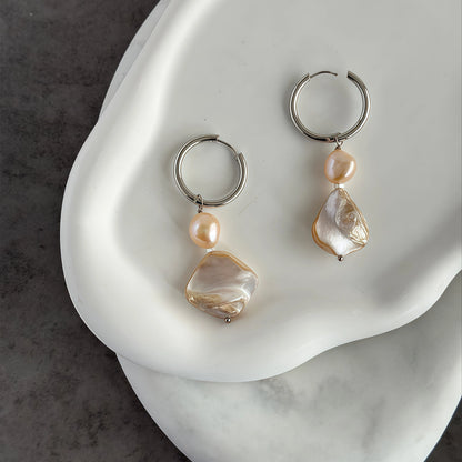 French Retro Irregular Pearl & Mother-of-Pearl Drop Earrings