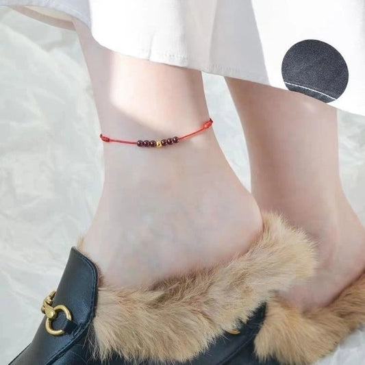 Gold Bead Garnet Red String Anklet (Cotton, Garnet, Copper) - Metal+Earth Element, Prosperity & Passion