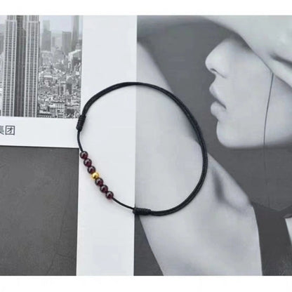 Gold Bead Garnet Red String Anklet (Cotton, Garnet, Copper) - Metal+Earth Element, Prosperity & Passion