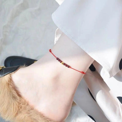 Gold Bead Garnet Red String Anklet (Cotton, Garnet, Copper) - Metal+Earth Element, Prosperity & Passion