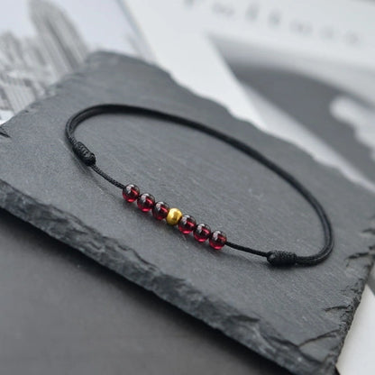 Gold Bead Garnet Red String Anklet (Cotton, Garnet, Copper) - Metal+Earth Element, Prosperity & Passion