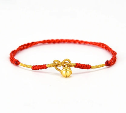 Gold Bell with Gold Thread Woven Red String Anklet - Metal Element, Good Luck & Joy