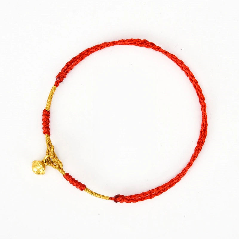Gold Bell with Gold Thread Woven Red String Anklet - Metal Element, Good Luck & Joy